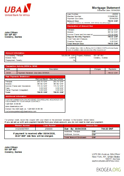 Guinée, relevé hypothécaire de la banque Bissau scr